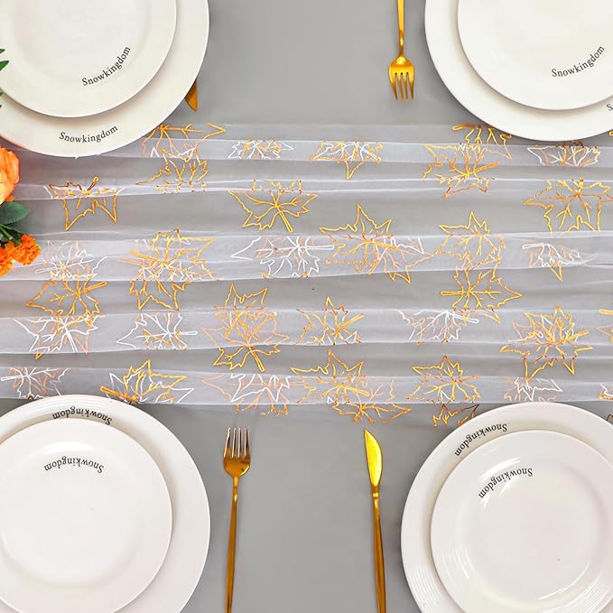Snowkingdom Fall Table Runner, 10ft Gold Maple Leaves Gauze Chiffon Table - Image 5