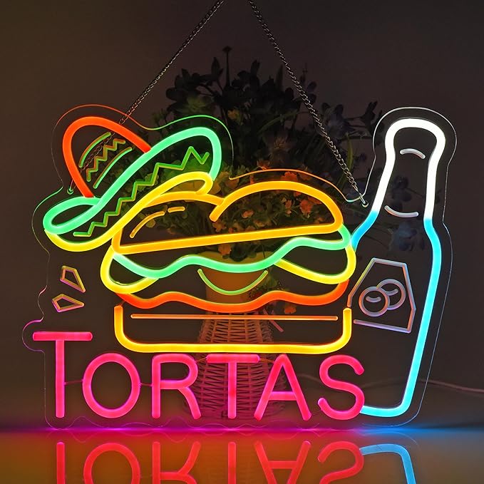 CNBEYOUNG Tortas Neon Sign, Neon Lights Hanging Wall Art Decoration - Image 3