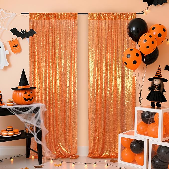 Poise3EHome Orange Sequin Backdrop Curtain, 2 Panels 2FTx8FT Glitter Background - Image 2
