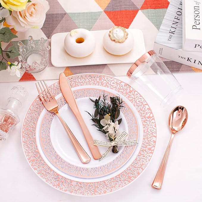 WELLIFE 175 Pieces Rose Gold Plastic Dinnerware, Rose Gold Dinnerware Set - Image 8