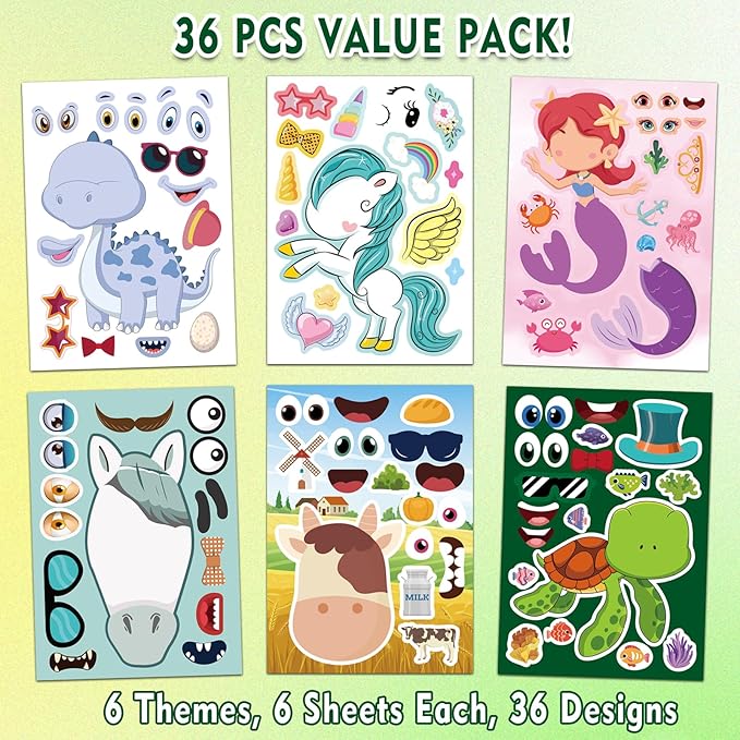 Aowplc 36 Pcs Make-A-Face Sticker Sheets Kids Party Favors Mix and Match - Image 2