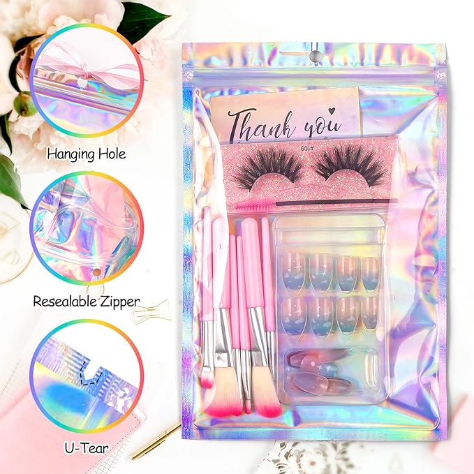 Funfery 50 Pcs Smell Proof Holographic Resealable Bags, 6.3x9.4in Clear Window - Image 3