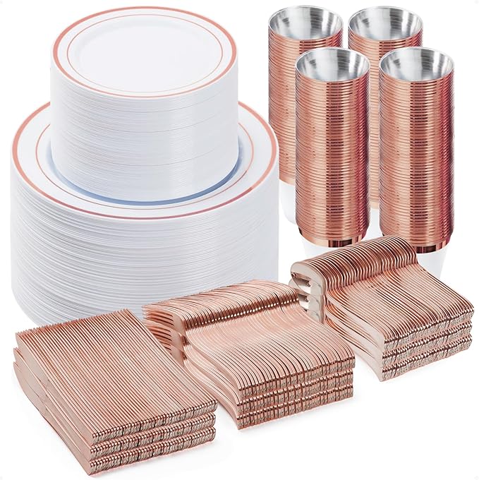 BESTVIP 600PCS Plastic Dinnerware Set, Rose Gold Disposable Plates by Bestvip
