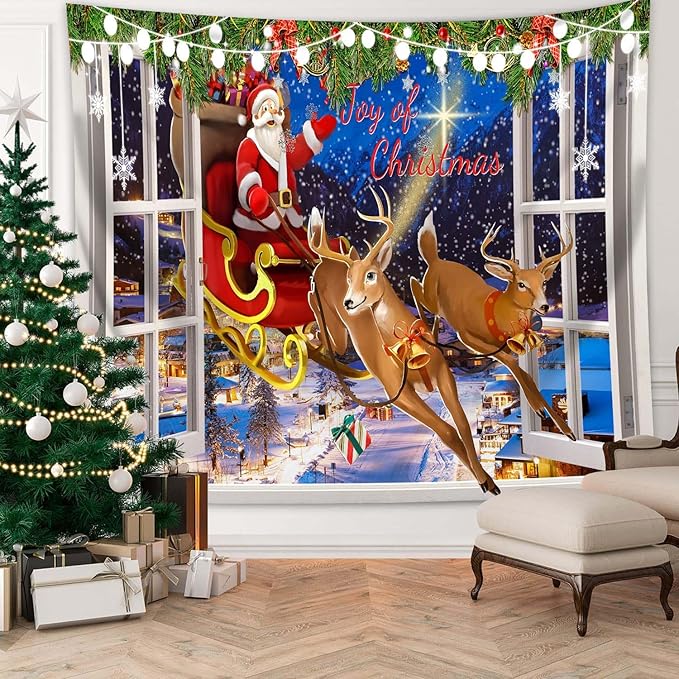 QGHOT Christmas Window Tapestry Wall Hanging Christmas Backdrop Xmas Winter - Image 2