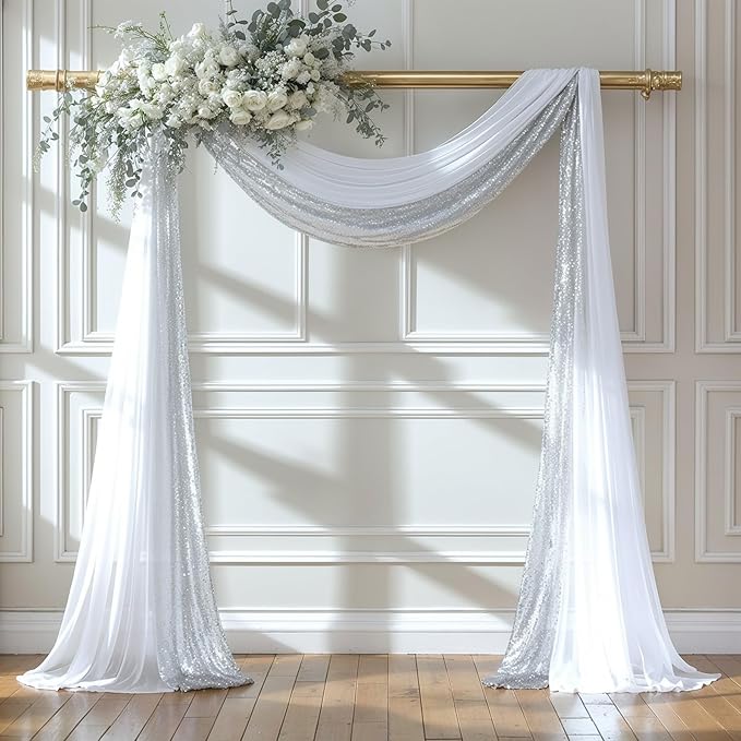 Wedding Arch Draping Fabric, 1 Panel 28" x19ft White Arch Drapes & 1 Panel 16" by Partisky