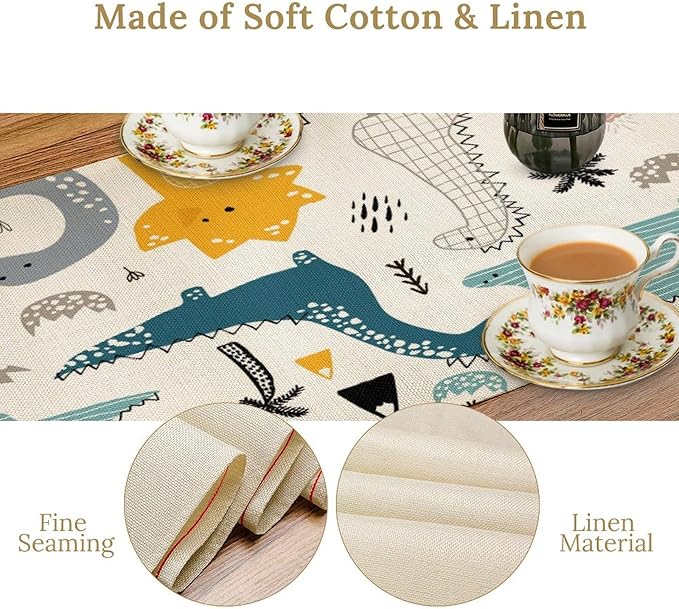 Cartoon Dinosaur Table Runner, Kids Boys Cute Various Dino Moutain Modern - Image 4