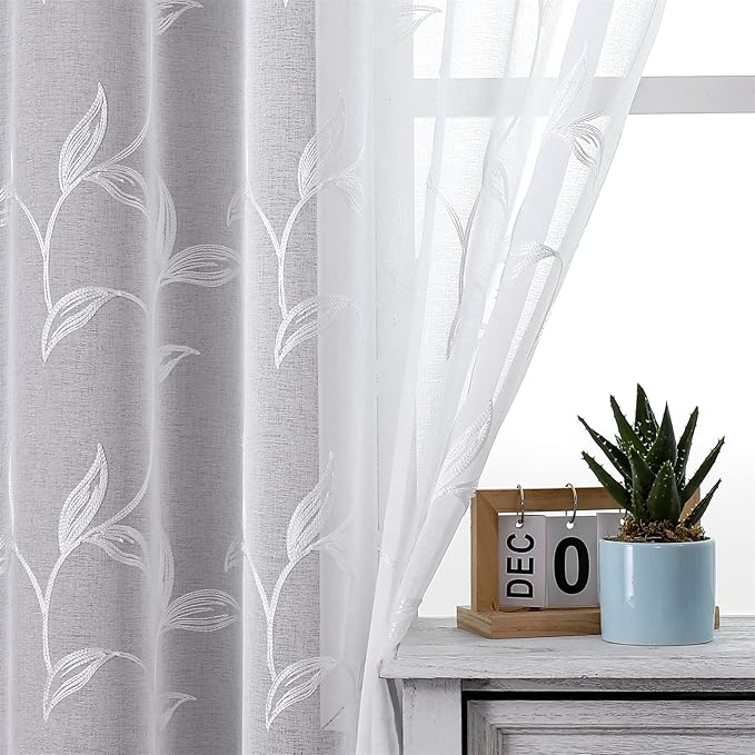 VISIONTEX White Sheer Voile Curtains, Decorative Leaves Embroidery Faux Linen - Image 2