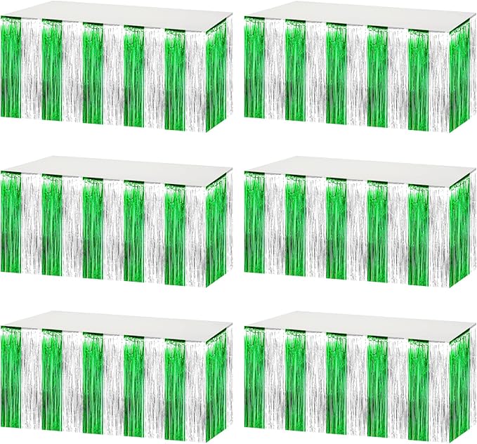 6 Pack 29x108 Inch Silver Green Metallic Foil Fringe Tinsel Table Skirts by AIKENLIN