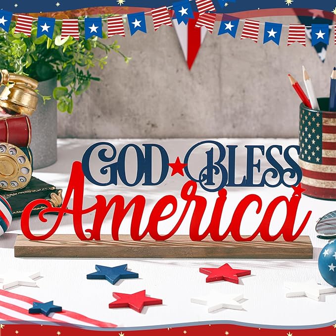 Patriotic God Bless America Metal Sign Rustic Table Decor Holiday Tiered Tray - Image 3