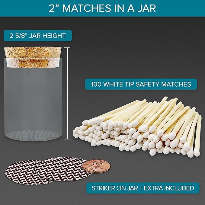 2" White Matches in a Jar + Striker Stickers Included | 100 Classy White Tip - Image 2
