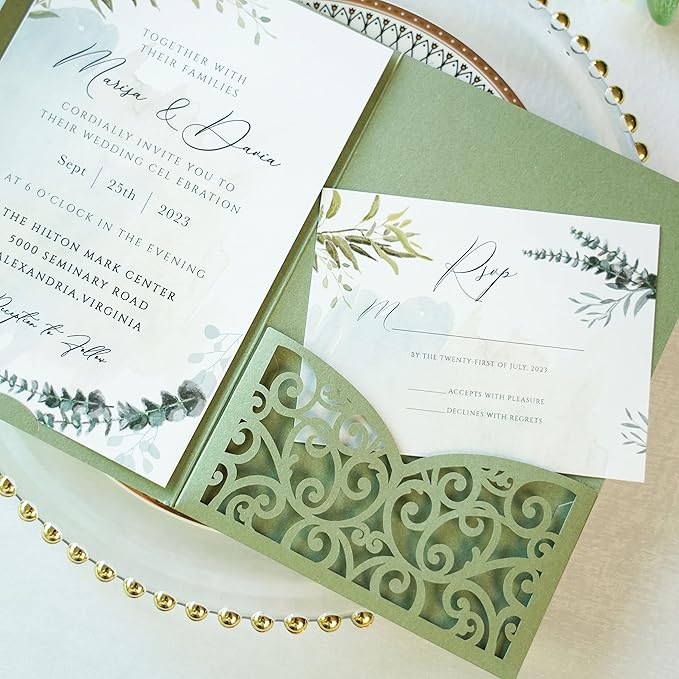 ponatia 5.12 x 7.2 Sage Green Laser Cut Wedding Invitations - Image 7