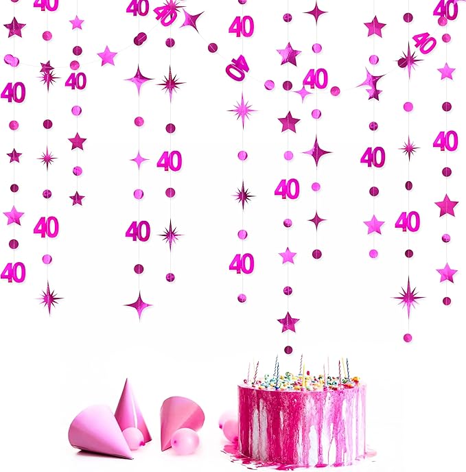 Hot Pink 40th Birthday Decorations Number 40 Circle Dot Twinkle Star Garland - Image 4
