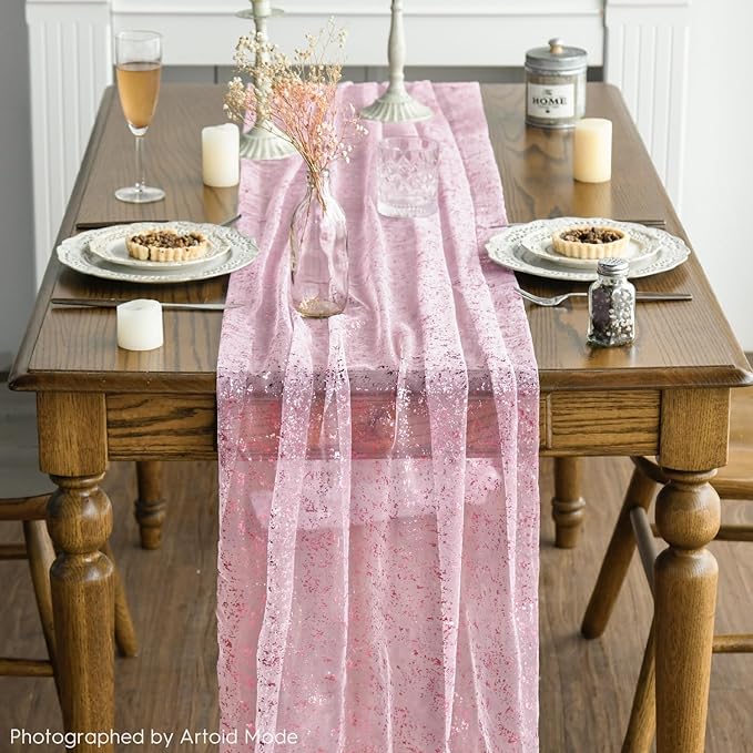 Artoid Mode Pink Gold Gauze Table Runner 120 Inch 10FT, Glitter Metallic Foil - Image 6
