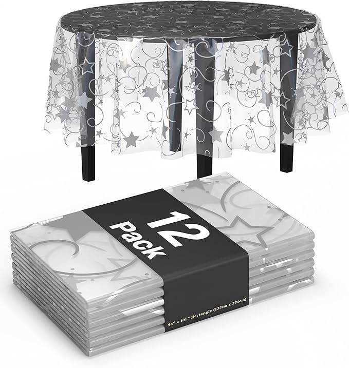 Exquisite Clear Silver Star Tablecloth Plastic 12-Pack Disposable Round by Exquisite