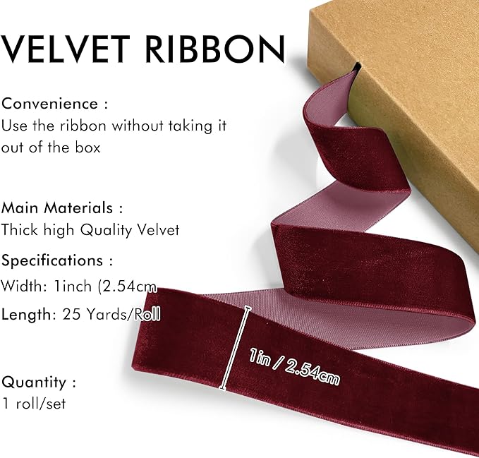 Burgundy Velvet Ribbon 1'' 25 Yards - Image 2
