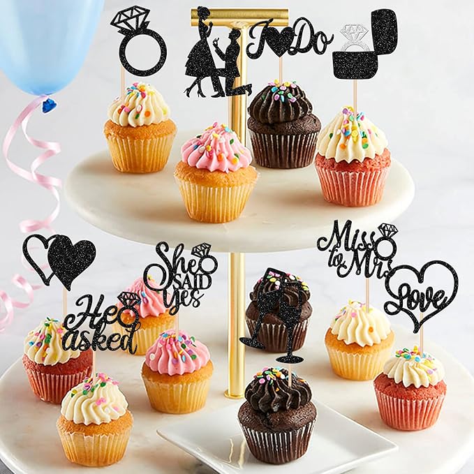 30 PCS He Asked She Said Yes Cupcake Toppers Glitter Engagement Cupcake Toppers - Image 4