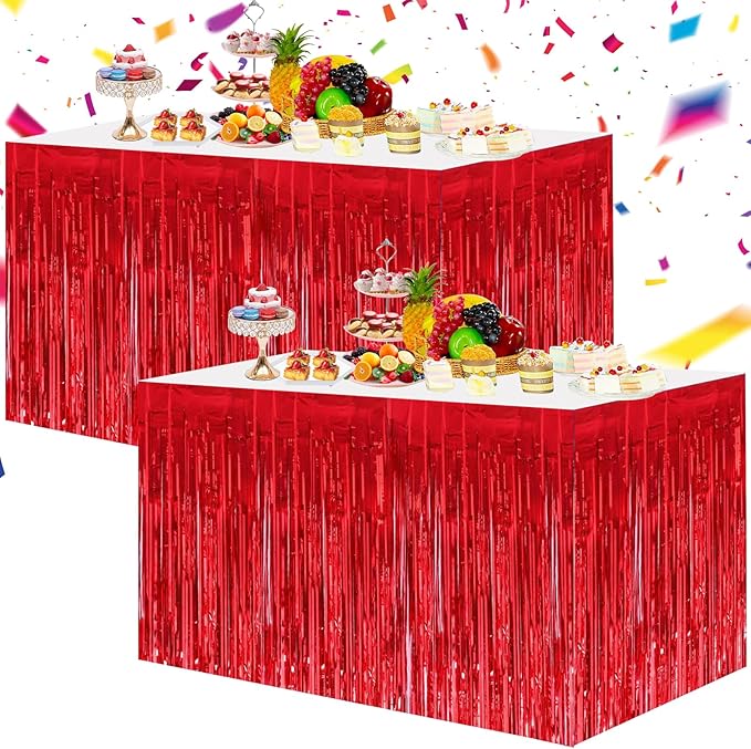 BEISHIDA 2 Pack Red Table Skirts Party Decorations Metallic Tinsel Foil Fringe by Beishida