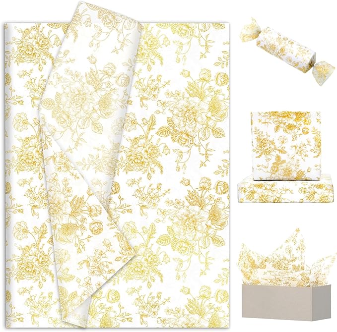 JarThenaAMCS 100 Sheets Floral Tissue Paper Gold Flower Gift Wrapping Paper by JarThenaAMCS