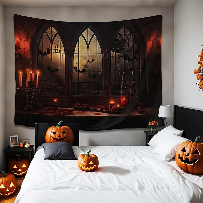 QGHOT Halloween Tapestry Wall Hanging Horror Castle Window Tapestry Gothic - Image 3