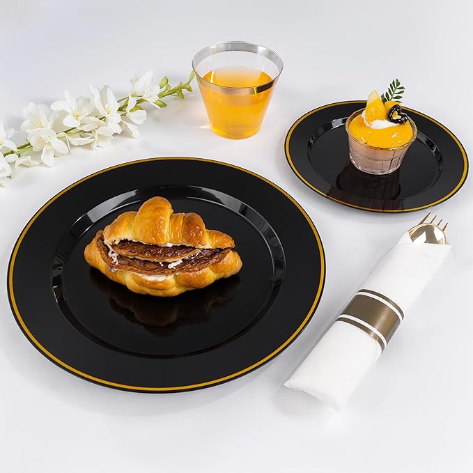 SUT 175 Pcs Black and Gold Plastic Dinnerware Set - Image 4