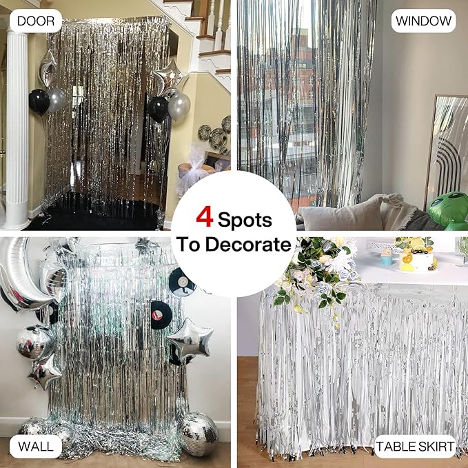 PartyWoo Foil Fringe Curtains Silver, Fringe Backdrop, Tinsel Backdrop - Image 5