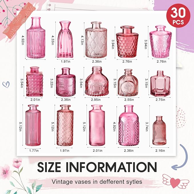 Yaomiao 30 Pcs Vases Bulk Colored Flower Glass Vases Bud Vintage Colored Glass - Image 2