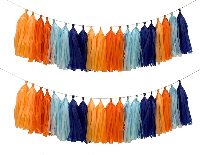 Blue and Orange Tissue Paper Tassel Garland, Tissue Tassel Banner by YESON