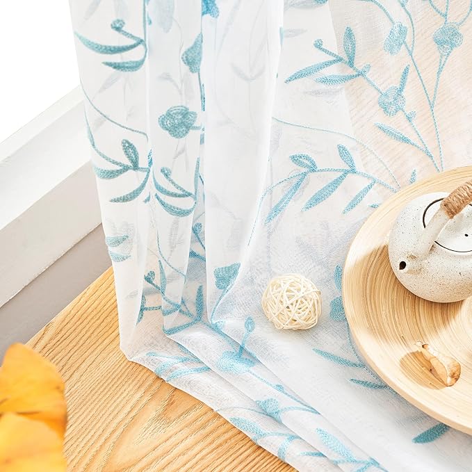 White Embroidery Sheer Curtains White-Blue 95 Inches, Floral Window Treatments - Image 6