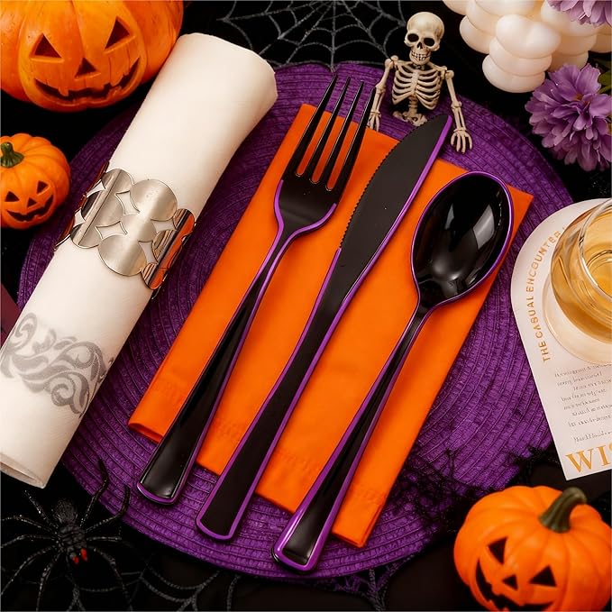 WDF 180 Pieces Black and Purple Halloween Plastic Silverware - Image 6