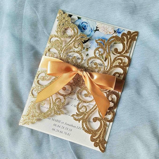 25PCS Gold Glitter Laser Cut Wedding Invitations Cards - Image 3