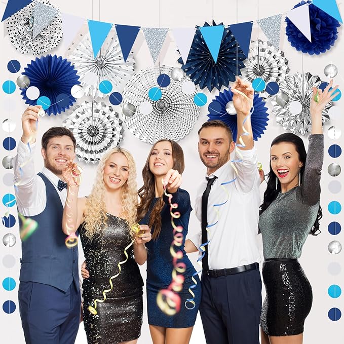 Navy-Blue White Silver Graduation Party-Decorations 33pcs Kits Banner, Paper - Image 2