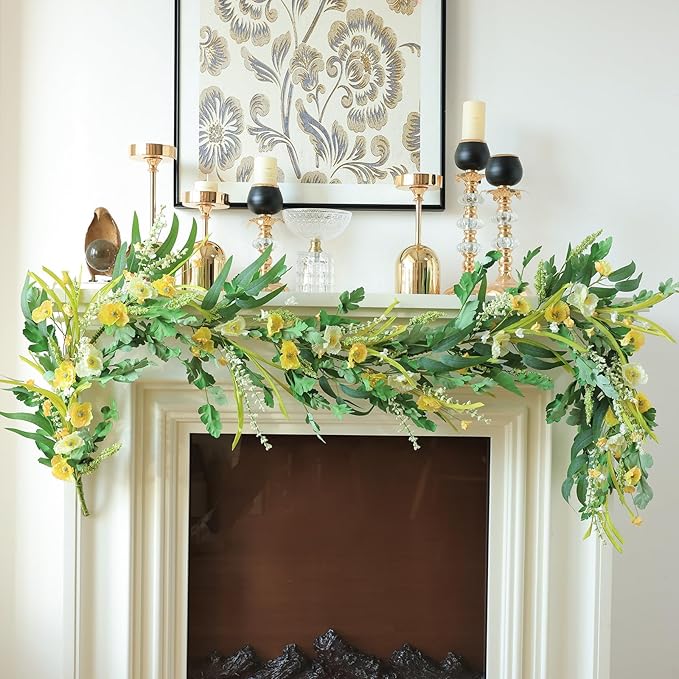 Mizii Yellow Artificial Flower Garland 6FT Fake Poppy Floral Garland Hanging - Image 3
