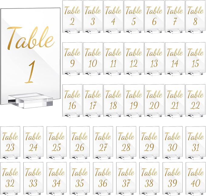 40 Pack Gold Acrylic Wedding Table Numbers 1-40 Clear Stand by Tuanse