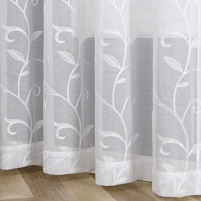 VISIONTEX White Leaves Sheer Voile Curtains, Decorative Embroidery Rod Pocket - Image 6