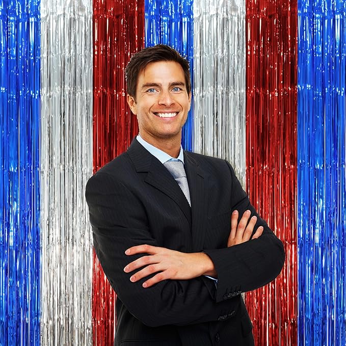 2 Pack Blue Red Silver Foil Fringe Backdrop Curtains, Tinsel Streamers Party - Image 6