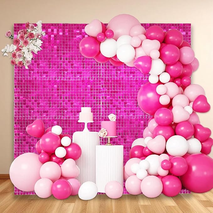 24PCS Hot Pink Shimmer Wall Backdrop, Square Sequin Backdrops Panel, Glitter - Image 6