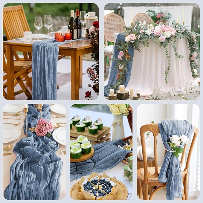 Asee'm 4pcs Cheesecloth Table Runner 120 Inches Long Dusty Blue Boho Gauze - Image 7