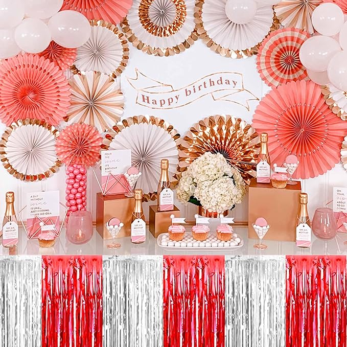 3 Pack 29 x108 Inch Red and Silver Foil Fringe Table Skirts Metallic Banner - Image 5