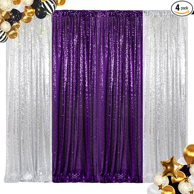 ShinyBeauty Purple and Silver Sequin Backdrop Curtains, 4 Panels 2FTx8FT by ShinyBeauty