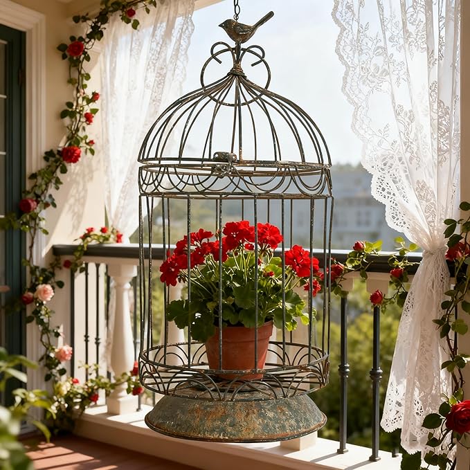 Rustic Farmhouse Metal Planter Holder Vintage Birdcage Distressed Deractive - Image 2