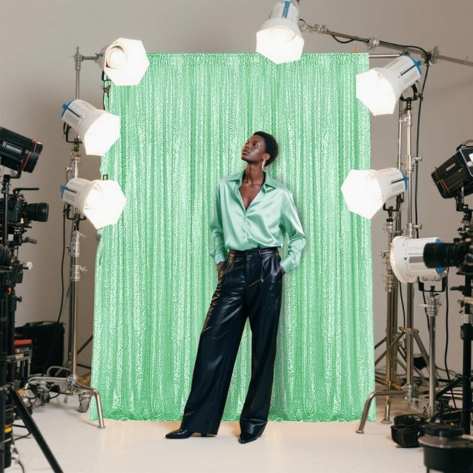 Mint Green Sequin Backdrop Curtain 2 Pieces 2FTx8FT Glitter Photography Backdrop - Image 7