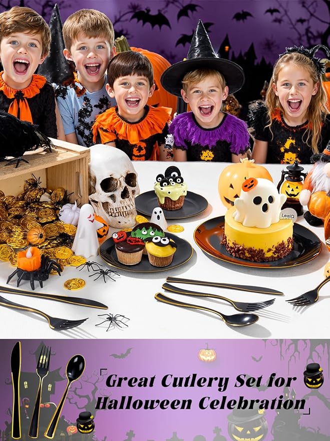 WDF 180 Pieces Black and Gold Plastic Silverware -Halloween Black Plastic - Image 2