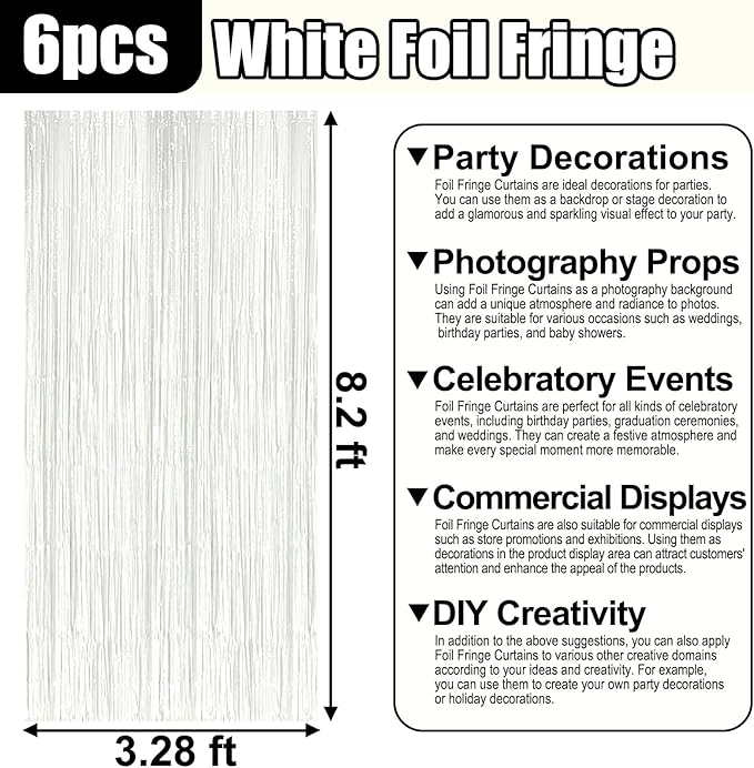 6 Pack White Foil Fringe Curtain Backdrop, 3.28Ft x 8.2Ft Metallic Tinsel Foil - Image 2