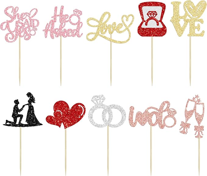 Ephlyn 30Pcs He Asked She Said Yes Cupcake Toppers Glitter Engagement Cupcake - Image 3