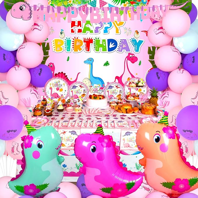 194 PCS Pink Dinosaur Party Decorations - Image 2