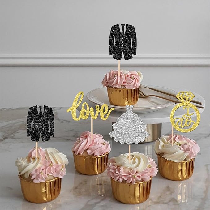 24 PCS Wedding Cupcake Toppers Glitter Bride and Groom Cupcake Picks Love I Do - Image 7