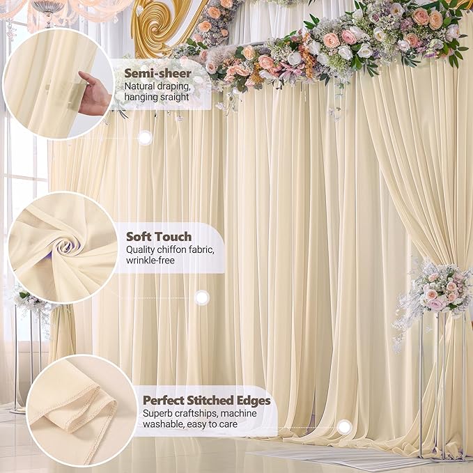 10ft x 10ft Champagne Backdrop Curtains, Wrinkle-Free Sheer Chiffon Fabric - Image 4