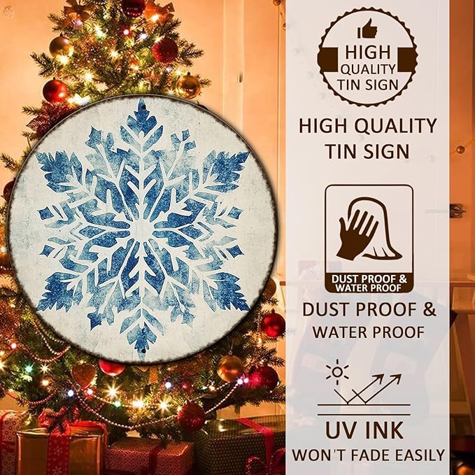 Round Christmas Metal Tin Sign Vintage Snowflake Signs Winter Christmas Sign - Image 4