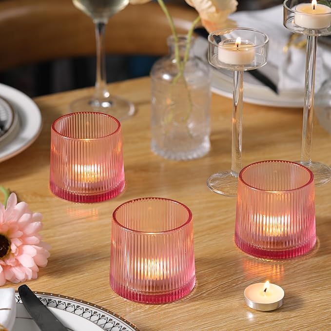 Pink Ribbed Tealight Votive Candle Holders- 6Pack Glass Candle Holders - Image 4