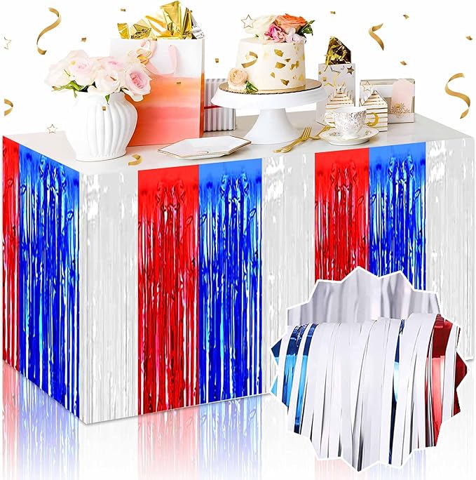 3 Pack White Blue Red Foil Fringe Table Skirts Metallic Tinsel Streamers by LANTIANCHEN